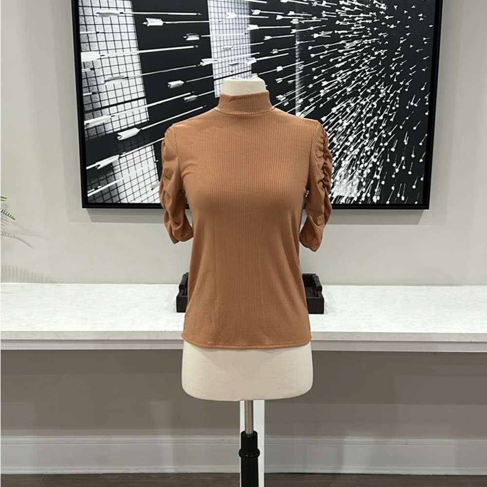 BRAND NEW! Ribbed Mock Neck Fitted Top With Ruched Sleeves, Dark Tan, Stretch